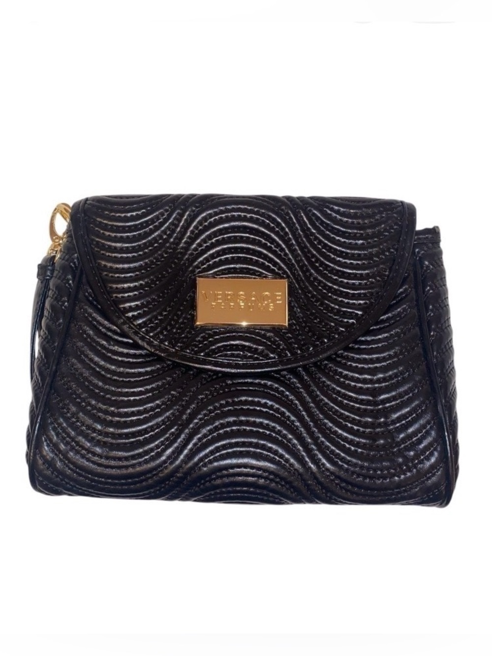 VERSACE Parfums Textured Wave Design Quilted Wristlet Clutch in BLACK 8”x 7”